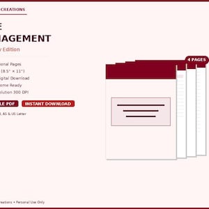 Peut inclure: Un planificateur numérique de gestion du temps, édition bordeaux. L'image présente une pile de quatre pages professionnelles, format US Letter (21,59 cm x 27,94 cm), prêtes à être téléchargées instantanément et imprimées à domicile. Le design comprend un PDF imprimable.