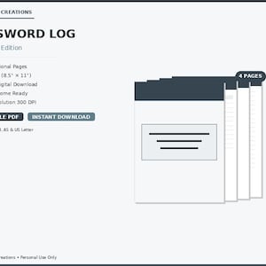 May include: A digital password log in a charcoal edition. The design includes a stack of white pages with a dark gray top, and the text "PASSWORD LOG" is displayed. The log is available in US Letter size (8.5" x 11") and is a printable PDF.