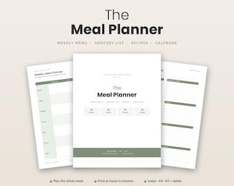 Meal Planner Printable, Weekly Menu and Grocery List PDF, Monthly Meal Calendar, Recipe Pages, Instant Download