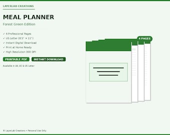 Plant-Based Meal Planner | Forest Green Vegan Weekly Menu Template | Grocery List Organizer PDF