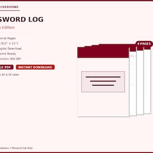 May include: A Password Log in a burgundy edition. The cover is white with a burgundy top and a rectangular design with three horizontal lines. The log includes 4 professional pages and is available as an instant digital download.