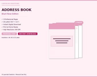 Address Book Printable | Blush Rose Contact Organizer Template | Phone & Email PDF