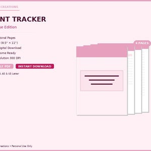 May include: A digital client tracker in a blush rose edition. The design includes a stack of pages with a pink header and a rectangular box with horizontal lines. Text includes "Client Tracker" and "Instant Download."