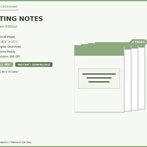 May include: A digital download product titled "Meeting Notes" in a sage green edition. The image shows a stack of white pages with a sage green cover and the text "Meeting Notes". The product includes 4 professional pages, is US Letter size, and is available for instant download.