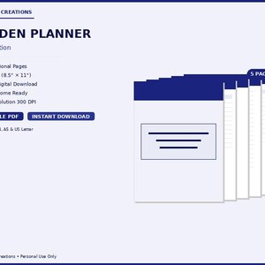May include: A navy blue Garden Planner, Navy Edition, with the text "GARDEN PLANNER" and "Navy Edition". The planner includes 5 professional pages, is US Letter size (21.6 x 27.9 cm), and is available as an instant digital download. The image also shows the text "PRINTABLE PDF" and "INSTANT DOWNLOAD".
