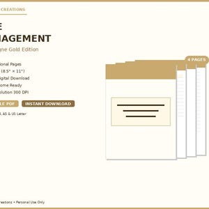 May include: A digital time management planner in a champagne gold edition. The image shows a stack of white pages with a beige header and a beige rectangle with three horizontal lines. The text includes "Time Management" and "Printable PDF".