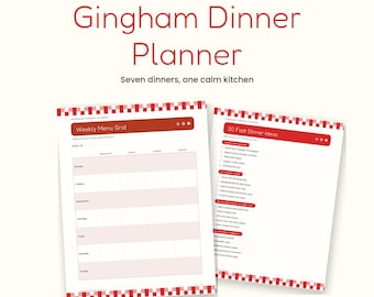 Wöchentlicher Speiseplan zum Ausdrucken, Rot-Gingham-Speiseplan, Menüraster für Schultage, Ideen für schnelle Abendessen & Einkaufsliste, Sofort-Download