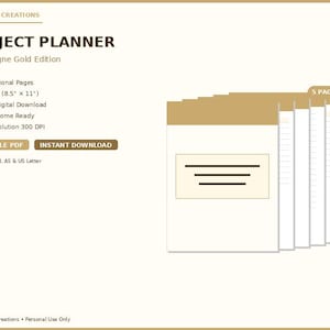 May include: A digital project planner titled "Project Planner Champagne Gold Edition" with a stack of white pages and a tan cover. The planner includes 5 professional pages and is available for instant download in US Letter size (8.5" x 11").