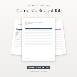 Può includere: Un kit di budget stampabile con un tracker delle entrate mensili e un pianificatore di stipendio. I documenti sono bianchi con testo e linee della griglia grigio scuro. Il testo in alto recita Minimalist Printable Complete Budget Kit.