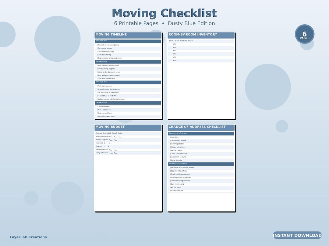 Printable Moving Checklist PDF | Relocation Planner & Packing Organizer ...