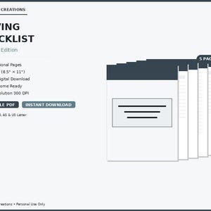 May include: A digital moving checklist titled "Moving Checklist Charcoal Edition" with a stack of five pages. The checklist includes professional pages, US Letter size (8.5" x 11"), instant download, and high-resolution 300 DPI.