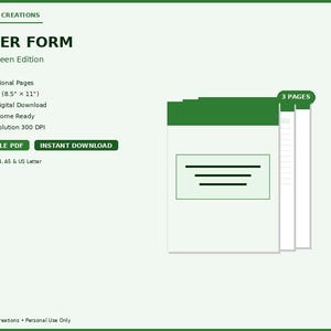 Peut inclure: Un formulaire de commande numérique intitulé "ORDER FORM Forest Green Edition" avec un en-tête vert et une pile de trois pages. Le formulaire comprend le texte "PRINTABLE PDF" et "INSTANT DOWNLOAD". Le formulaire est disponible en format US Letter (21,59 cm x 27,94 cm) et A4, A5.