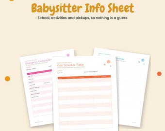 Babysitter-Infoblatt zum Ausdrucken, Notizen für das Schuljahr, Stundenplan der Kinder, Notfallkontakte & Hausregeln, Tipps zum Zubettgehen, Sofort-Download