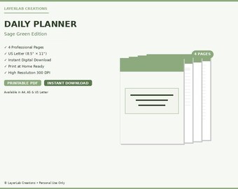 Undated Daily Planner Bundle | Sage Green Perpetual Day Organizer | Time Management Pages PDF