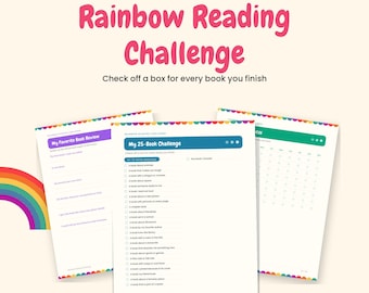 Regenbogen-Leseherausforderung zum Ausdrucken für Kinder, bunte Liste mit 25 Büchern, Lesetagebuch & Minutenzähler, Buchrezension, PDF, Sofort-Download