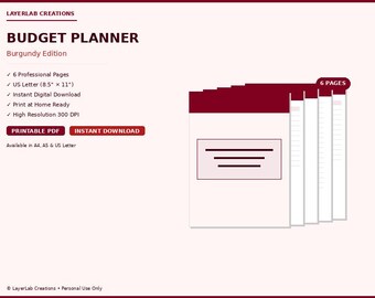 Printable Budget Binder Kit | Burgundy Edition | Expense Log Savings Debt Tracker PDF Download