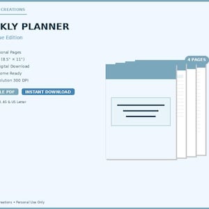 May include: A digital weekly planner in a Dusty Blue Edition. The design includes a stack of pages with a light blue header and a rectangular box with horizontal lines. Text includes "4 Professional Pages" and "Instant Digital Download."