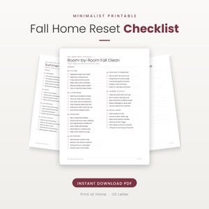 Printbare checklist voor de herfstopruiming van je huis, schoonmaaklijst per kamer, overzicht van huisbeheer en opruimen, gezellig huis, direct te downloaden