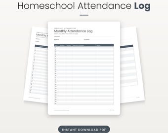 Anwesenheitsliste für Homeschooling zum Ausdrucken, monatliche Anwesenheitsübersicht, jährliche Stundenerfassung, Checkliste und Notizen zur Dokumentation, sofortiger Download