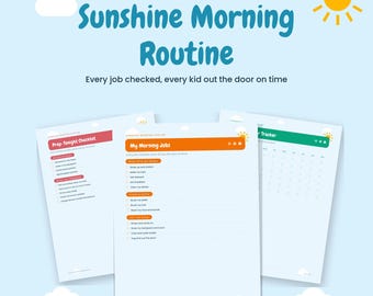 Morgenroutine-Plan zum Ausdrucken für Kinder, bunte Checkliste für den Schulmorgen, „Aus der Tür“-Tracker & „Bereit“-Schild, Sofort-Download