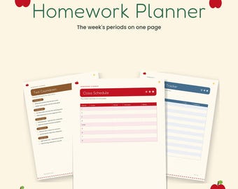 Hausaufgabenplaner zum Ausdrucken, Retro-Apple-Aufgabenübersicht, Stundenplan, Test-Countdown & Notenliste, Sofort-Download