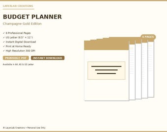 Zero-Based Budget Planner PDF | Champagne Gold Monthly Finance Worksheet | Printable Money Tracker