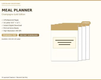 Family Meal Planner Printable | Champagne Gold Weekly Dinner Menu | Grocery Budget Tracker PDF