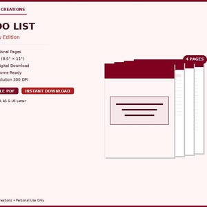 May include: A digital to-do list in a burgundy edition. The design includes a stack of white pages with a burgundy top, and a rectangular box with three horizontal lines. Text includes "To Do List", "Printable PDF", and "Instant Download".
