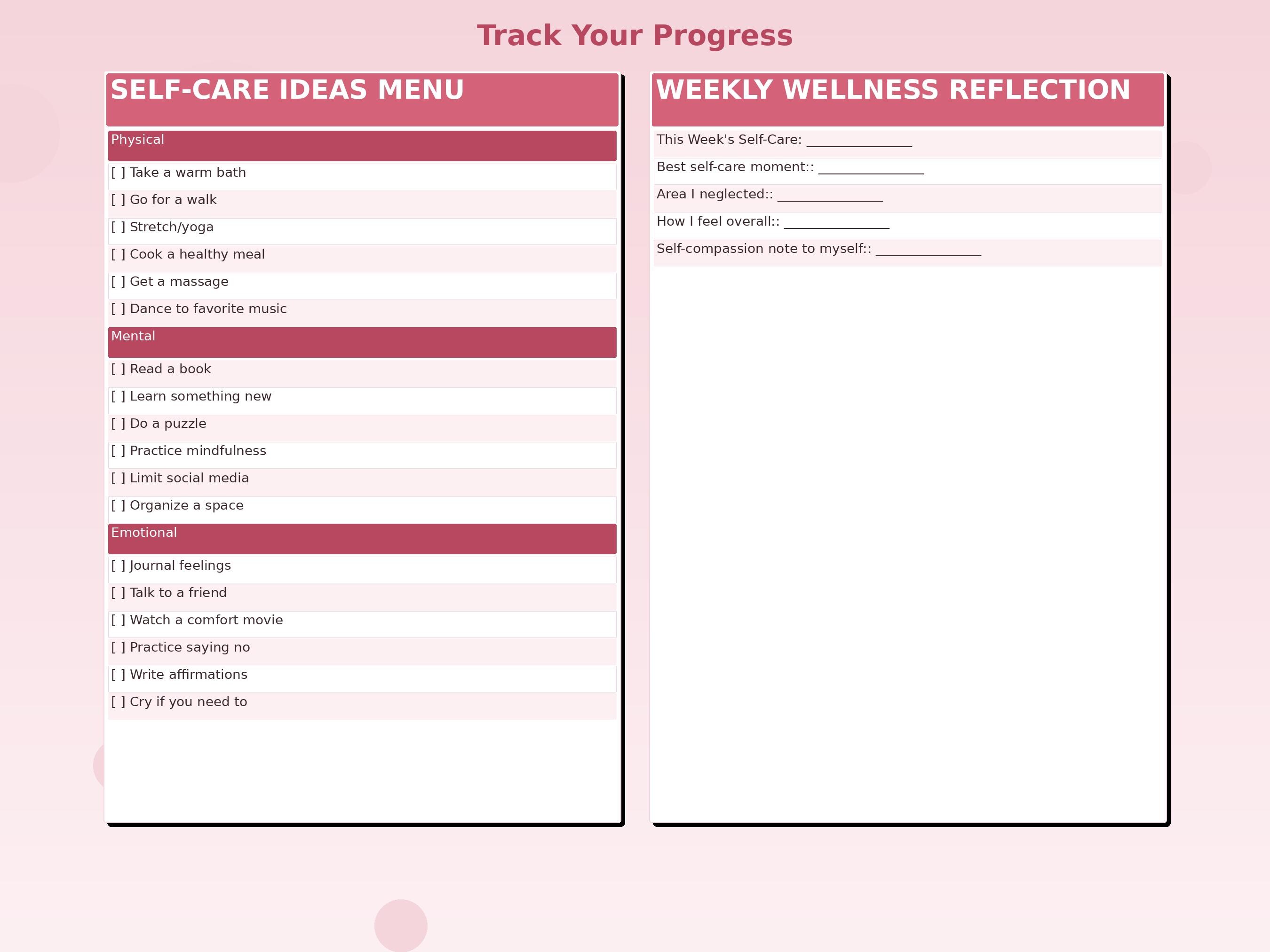 Self Care Planner Printable | Blush Rose Wellness Routine Template ...