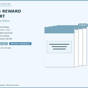 May include: A digital Kids Reward Chart in a dusty blue edition. The chart includes 4 professional pages, is US Letter size (8.5" x 11"), and is available as an instant digital download. The chart is printable at home with high resolution 300 DPI.
