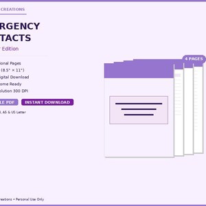 Puede incluir: Una descarga digital titulada "Contactos de emergencia, edición lavanda". El diseño presenta una pila de páginas blancas con una parte superior lavanda y el texto "4 PAGES". El listado incluye detalles sobre el producto, como el tamaño US Letter (21,6 x 27,9 cm) y descarga instantánea.