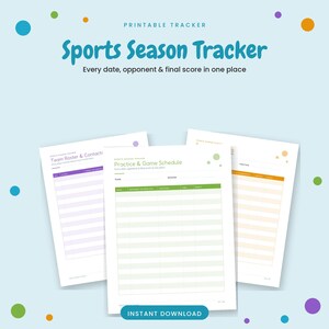 Könnte beinhalten: Ein druckbares Sports Season Tracker Dokumentenset mit drei Seiten, die Überschriften wie Team Roster & Contacts, Practice & Game Schedule und Position enthalten. Die Seiten haben hellviolette, grüne und orangefarbene Akzente.
