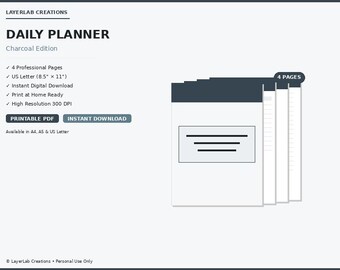 Minimalist Daily Planner | Charcoal Simple Day Organizer | Clean To Do List Template PDF