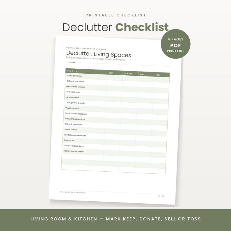 Declutter Checklist Printable, Downsizing Moving Planner PDF, Minimalist Moving Out List, Instant Download image 1