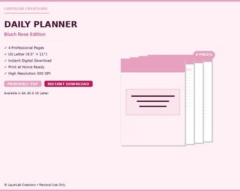 Daily Planner Printable | Blush Rose Day Schedule Template | Hourly To Do List PDF Download