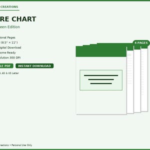 May include: A digital chore chart in a forest green edition. The chart includes 4 pages and is available as an instant digital download. The US Letter size is 8.5" x 11". The chart is printable at home and has a high resolution of 300 DPI.