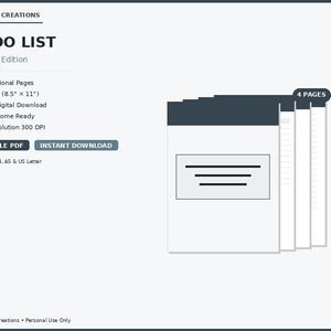 May include: A digital download of a "TO DO LIST" in the "Charcoal Edition". The design includes a stack of four pages with a simple layout and the text "4 PAGES". The product is available in US Letter size (8.5" x 11") and is a printable PDF.