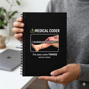 Puede incluir: Un cuaderno negro con espiral. La portada dice "MEDICAL CODER" sobre una imagen borrosa de una pierna y el texto "I've seen some THINGS NOT BY CHOICE."