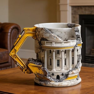 May include: A novelty ceramic mug depicting the White House being excavated by a yellow digger arm. The mug has a white interior and a detailed exterior with a cracked rock effect. The handle is the digger arm.