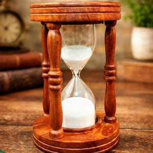 Può includere: Una clessidra in legno con un centro in vetro trasparente riempito di sabbia bianca. La clessidra è sostenuta da una cornice in legno marrone scuro con quattro gambe decorative. Lo sfondo include libri e un orologio.