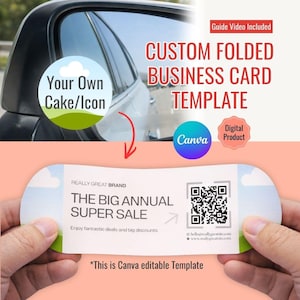 以下が含まれることがあります： 「CUSTOM FOLDED BUSINESS CARD TEMPLATE」のテキストが入った、カスタム折りたたみ名刺テンプレート。カードには「THE BIG ANNUAL SUPER SALE」のテキストとQRコードが記載されています。画像には「Your Own Cake/Icon」のテキストも含まれています。