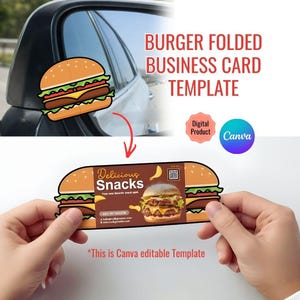 May include: A burger-shaped business card template with the text "BURGER FOLDED BUSINESS CARD TEMPLATE". The card features a burger graphic and the words "Delicious Snacks". The template is a digital product and Canva editable.