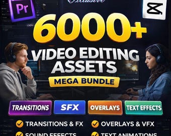 May include: A promotional image for video editing assets. The image features the text "Exclusive 6000+ VIDEO EDITING ASSETS MEGA BUNDLE". It also includes icons for transitions, SFX, overlays, and text effects. Two people wearing headphones are in the background.