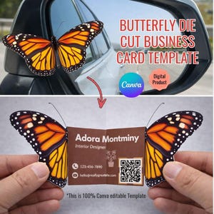 Peut inclure: Modèle de carte de visite en forme de papillon avec des ailes orange, noires et blanches. La carte comprend des informations de contact et un code QR. Le texte de l'image indique "BUTTERFLY DIE CUT BUSINESS CARD TEMPLATE" et "Digital Product".