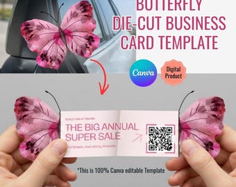 Butterfly Business Card Template Canva | Die Cut Floral Promotional Card | Boutique Beauty Brand Event | Editable Printable QR Code