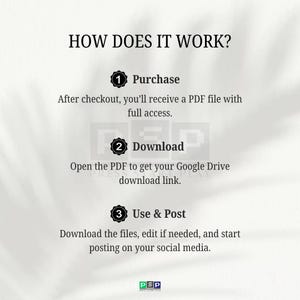 May include: An infographic titled "HOW DOES IT WORK?" outlines a three-step process: Purchase, Download, and Use & Post. The text explains that after purchase, a PDF file is received, followed by a Google Drive link, and finally, the files are used on social media.
