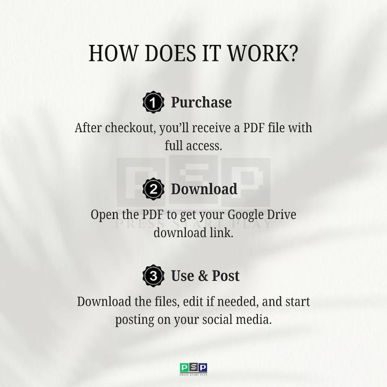 May include: An infographic titled "HOW DOES IT WORK?" outlines a three-step process: Purchase, Download, and Use & Post. The text explains that after purchase, a PDF file is received, followed by a Google Drive link, and finally, the files are used on social media.