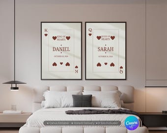King and Queen of Hearts Wall Art Set | Custom Playing Card Couple Print | Personalized Anniversary Gift | Canva Template