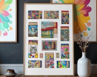 Vintage Matchbox Art Print Set, Colorful Matches Poster, Trendy Aesthetic Wall Decor, Retro Pop Art Printable, Funky Digital Download