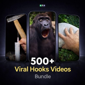 May include: Image promoting a video bundle. Three smartphone screens display a hammer and syringe, a gorilla with an open mouth, and a hand holding a rock. The text reads "500+ Viral Hooks Videos Bundle."